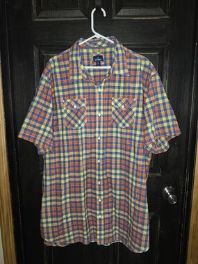 Old Navy Men’s Short-Sleeve Plaid Button-Up Shirt - Blue/Orange/Yellow Size 3XL